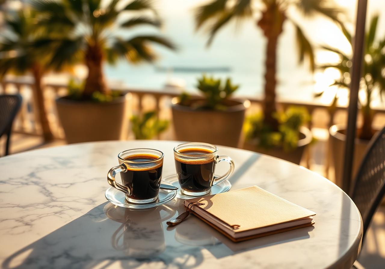 Deux cafés sur une terrasse ensoleillée de la Côte d'Azur — un premier échange autour d'un café